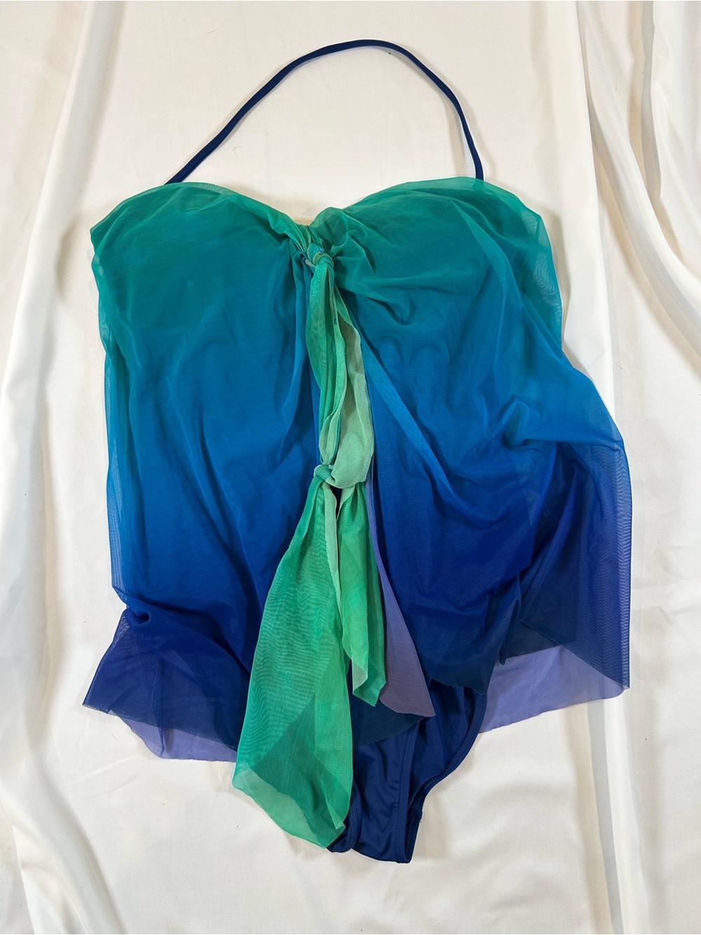 Ralph Lauren Blue and Green Ombre One-Piece Swimsuit with Tie Front